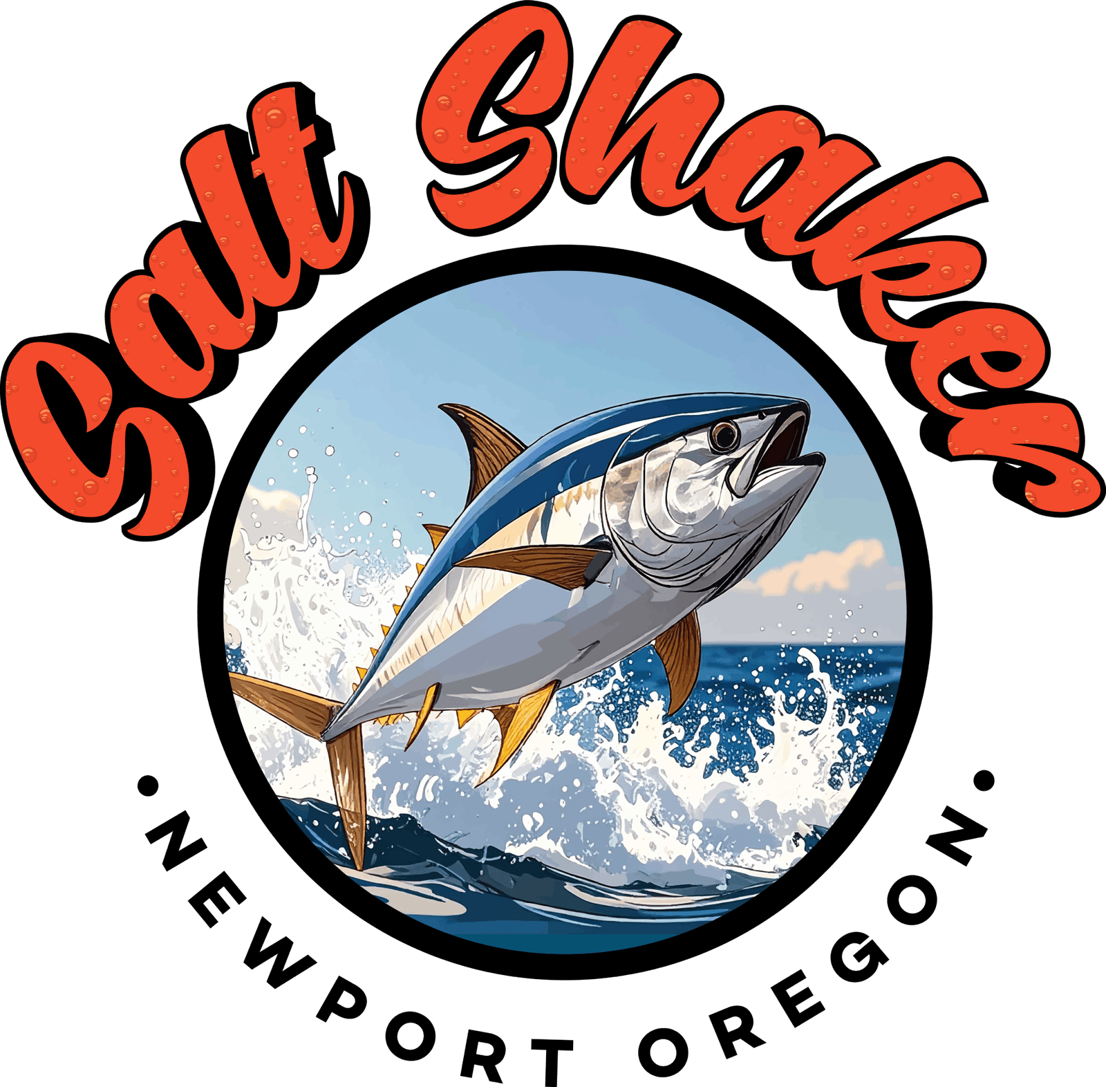 Salt Shaker tuna fishing charter logo featuring jumping tuna and ocean waves in Newport Oregon.